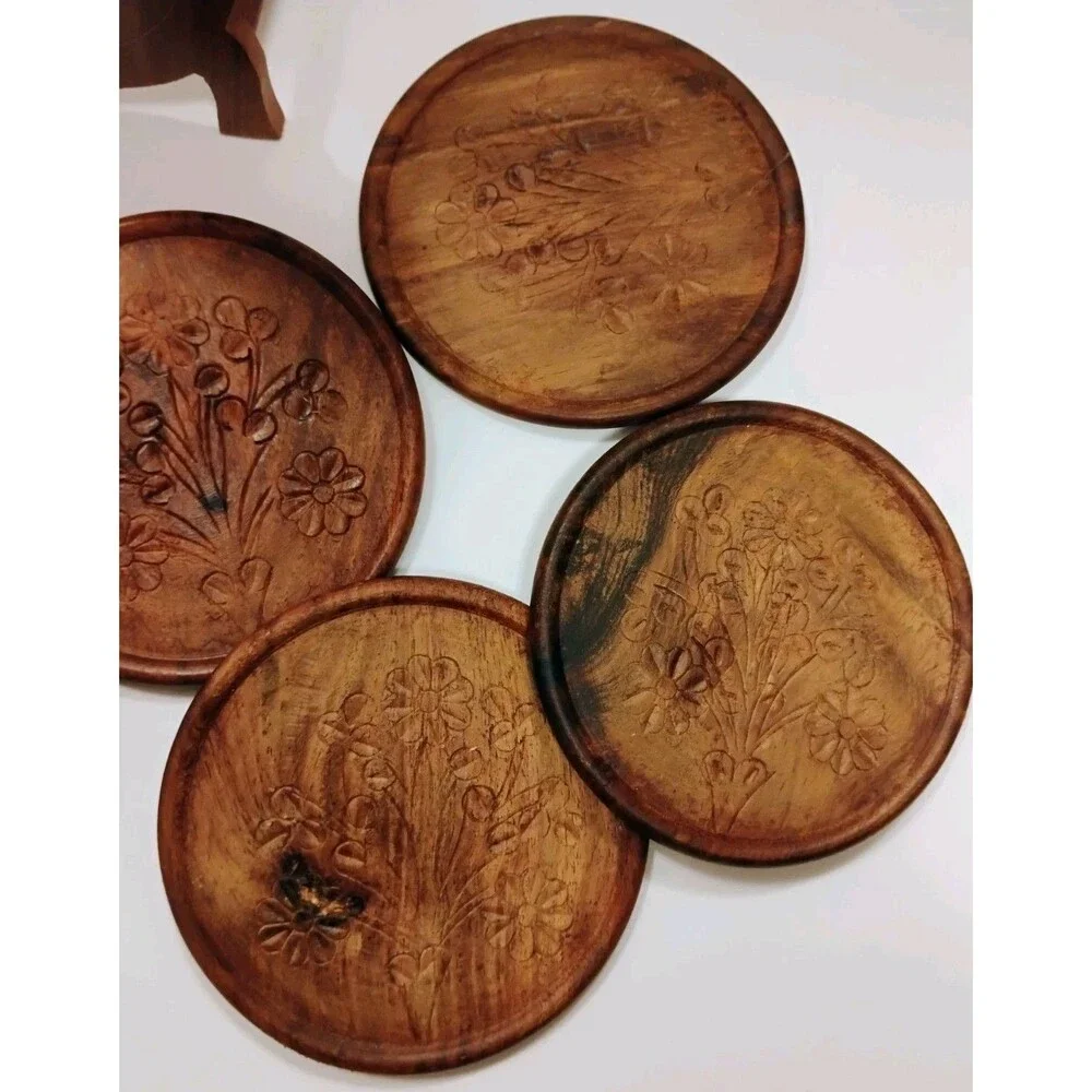 Vintage Indian Carved Sheesham Wood Coaster Set of 6 Brass Inlay Floral Holder